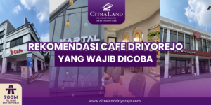 Banner collage promoting must-try cafes in Driyorejo with bold Indonesian text and a purple logo at the top center.