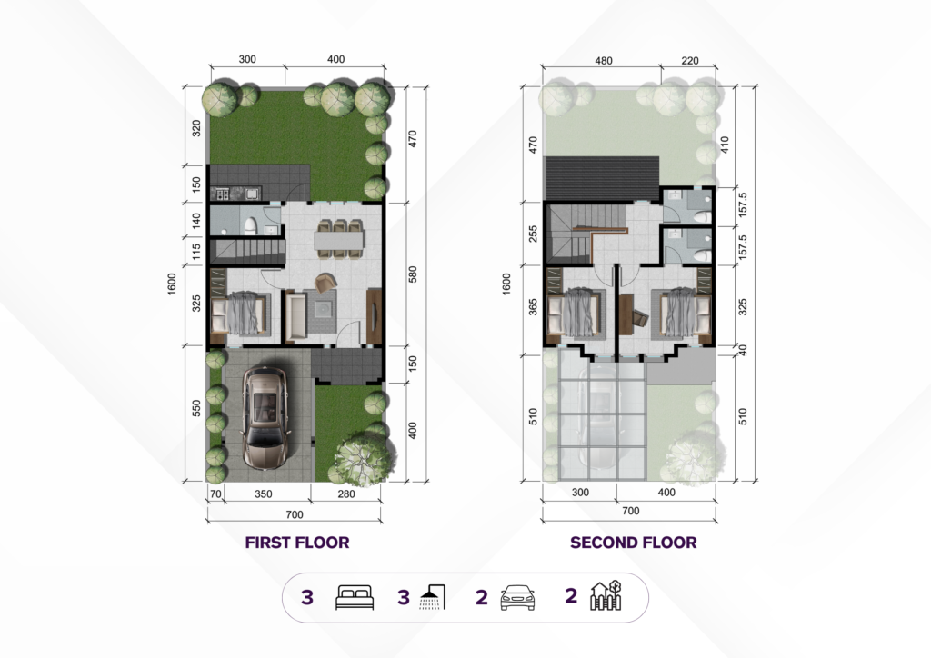 Two-page architectural floor plan showing the first and second floors with rooms, stairs, furniture, and surrounding landscaping.