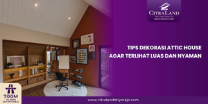 Attic home office with a gallery wall, wooden shelves, and a beige rug, overlaid by a purple promotional banner on the right.