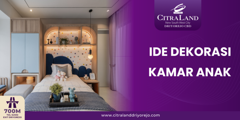 Child’s bedroom featuring a cozy bed, blue headboard, wooden storage, and polka-dot wall as part of a Citraland ad banner
