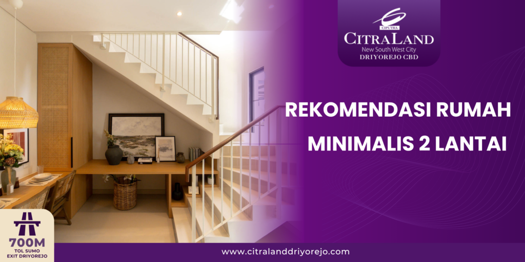 Interior of a modern minimalist two-story home with a white staircase, wooden desk, and decorative items; purple brand panel on the right reads 'REKOMENDASI RUMAH MINIMALIS 2 LANTAI' with a logo and website at the bottom.
